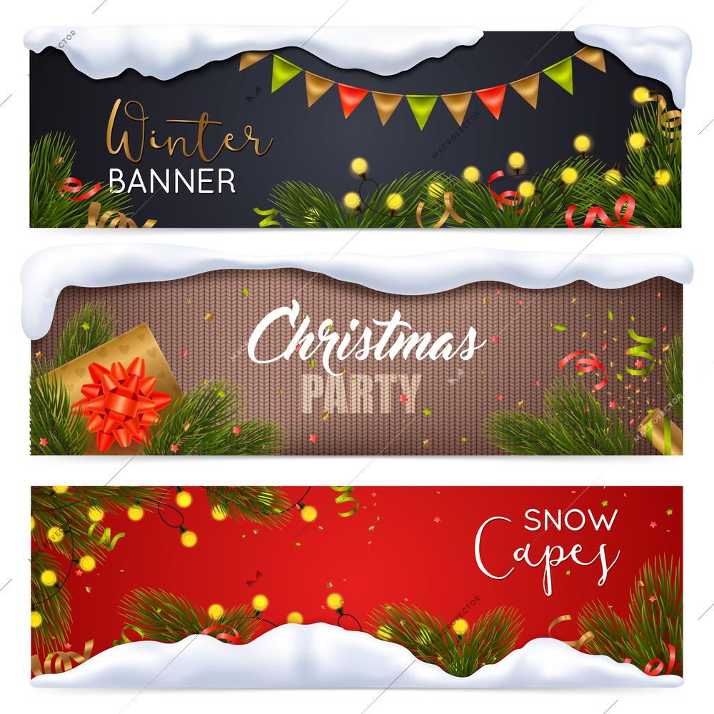 Christmas horizontal banners set with snow symbols realistic isolated vector illustration