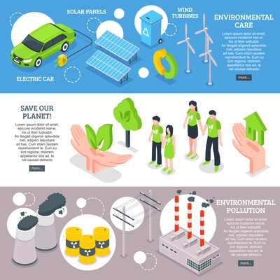 Isometric ecology horizontal banners set with compositions of environmental care images and text with more button vector illustration