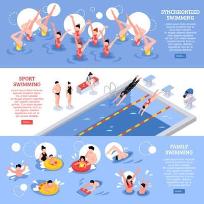 Isometric swimming sport banners set with human characters of synchronized swimmers and family members in pool vector illustration
