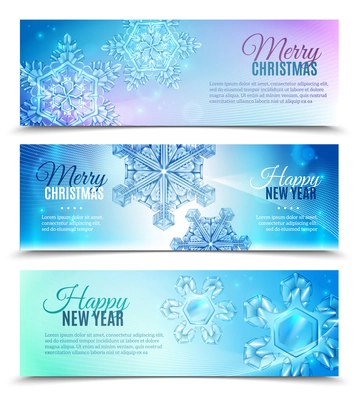 Three horizontal realistic snowflake banner set with marry Christmas and happy new year vector illustration