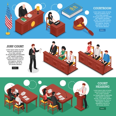 Three horizontal banners on law theme with court hearing courtroom and jury court isometric compositions vector illustration