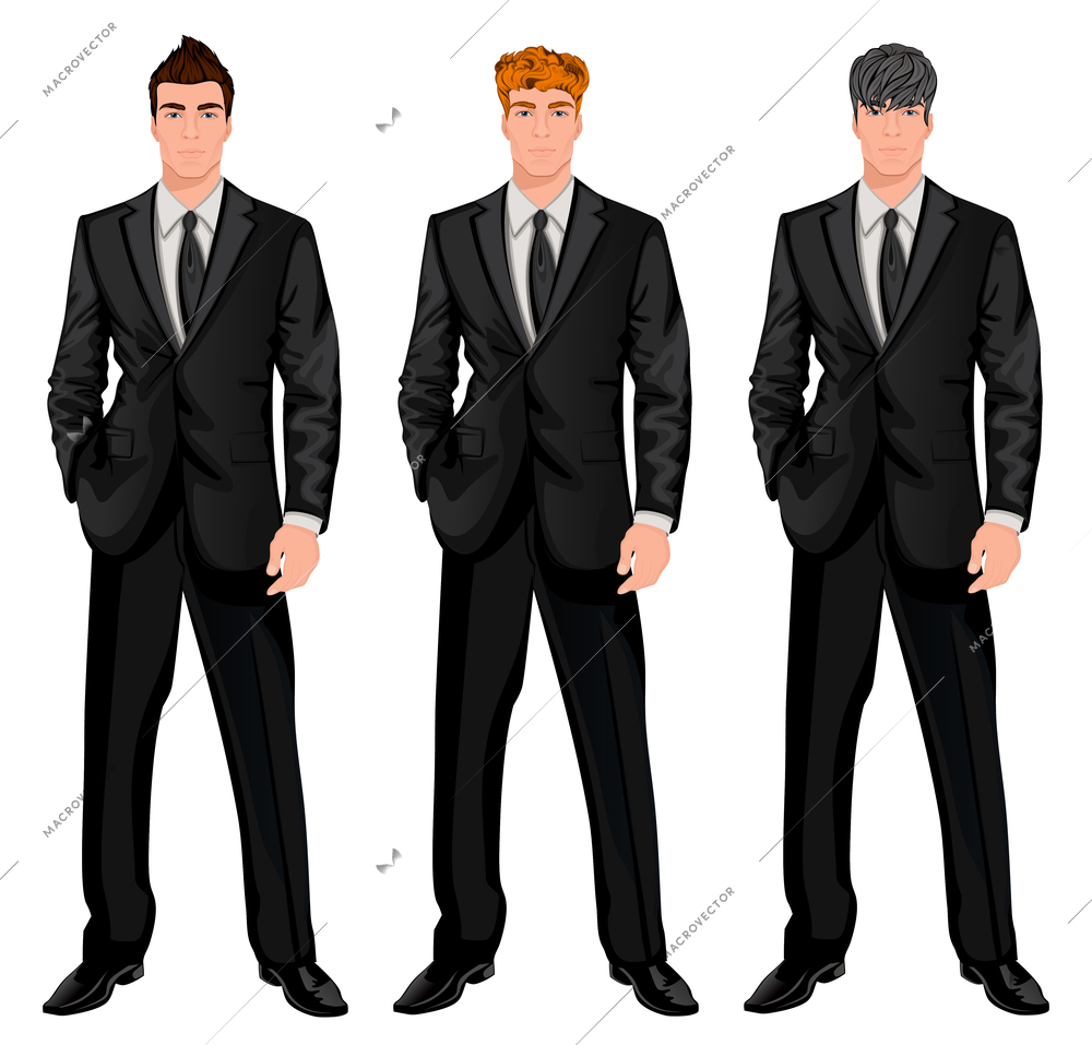 Three young handsome businessmen with trendy hairstyles for red, dark brown and chestnut haired man vector illustration