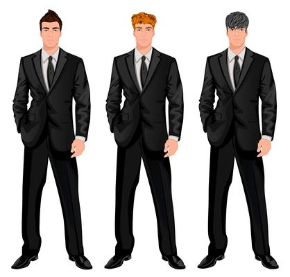 Three young handsome businessmen with trendy hairstyles for red, dark brown and chestnut haired man vector illustration