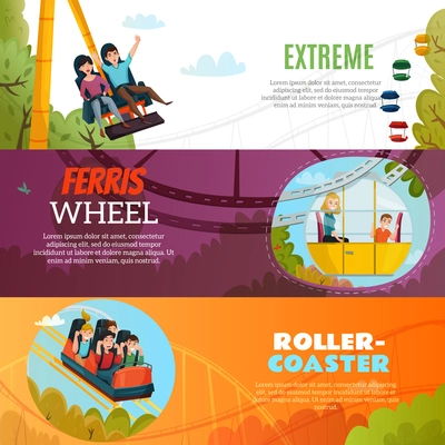 People in amusement park horizontal banners with ferris wheel roller coaster and extreme attraction flat compositions vector Illustration