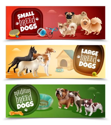 Three horizontal dog breeds banner set with small large and medium breeds vector illustration