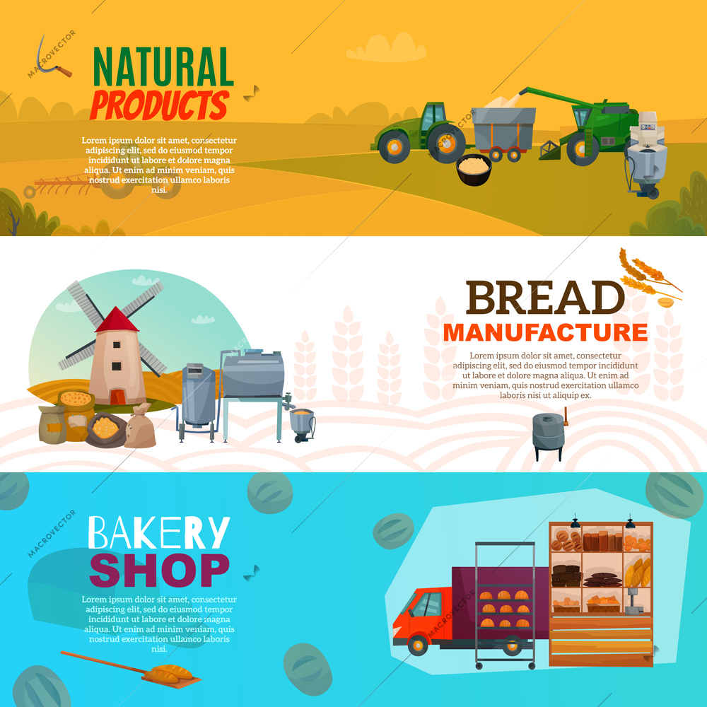 Set of horizontal banners with natural products, bread manufacture and bakery shop isolated vector illustration