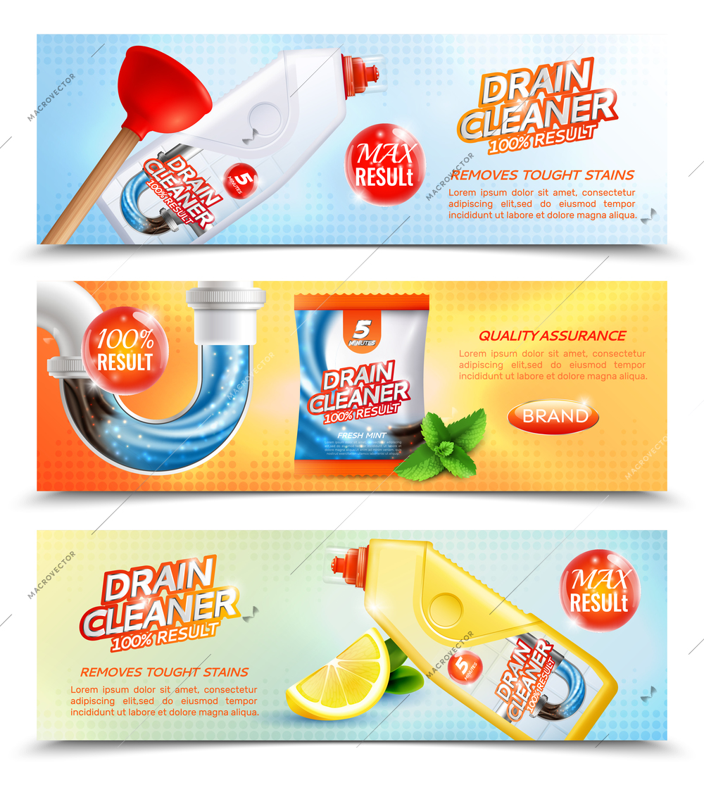 Drain cleaner horizontal banners collection with advertising images of plastic packages flush tubes stickers and text vector illustration