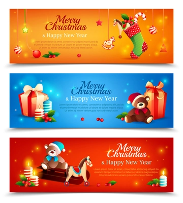 New year set of cartoon horizontal banners with holiday elements on bright sparkling background isolated vector illustration