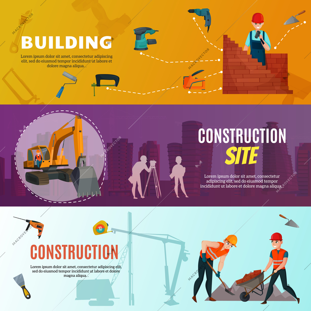 Set of horizontal banners with building site, construction workers with materials and tools isolated vector illustration