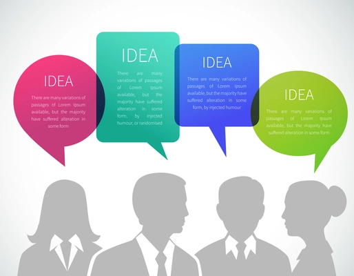 Business meeting concept with people silhouettes and idea speech bubbles vector illustration