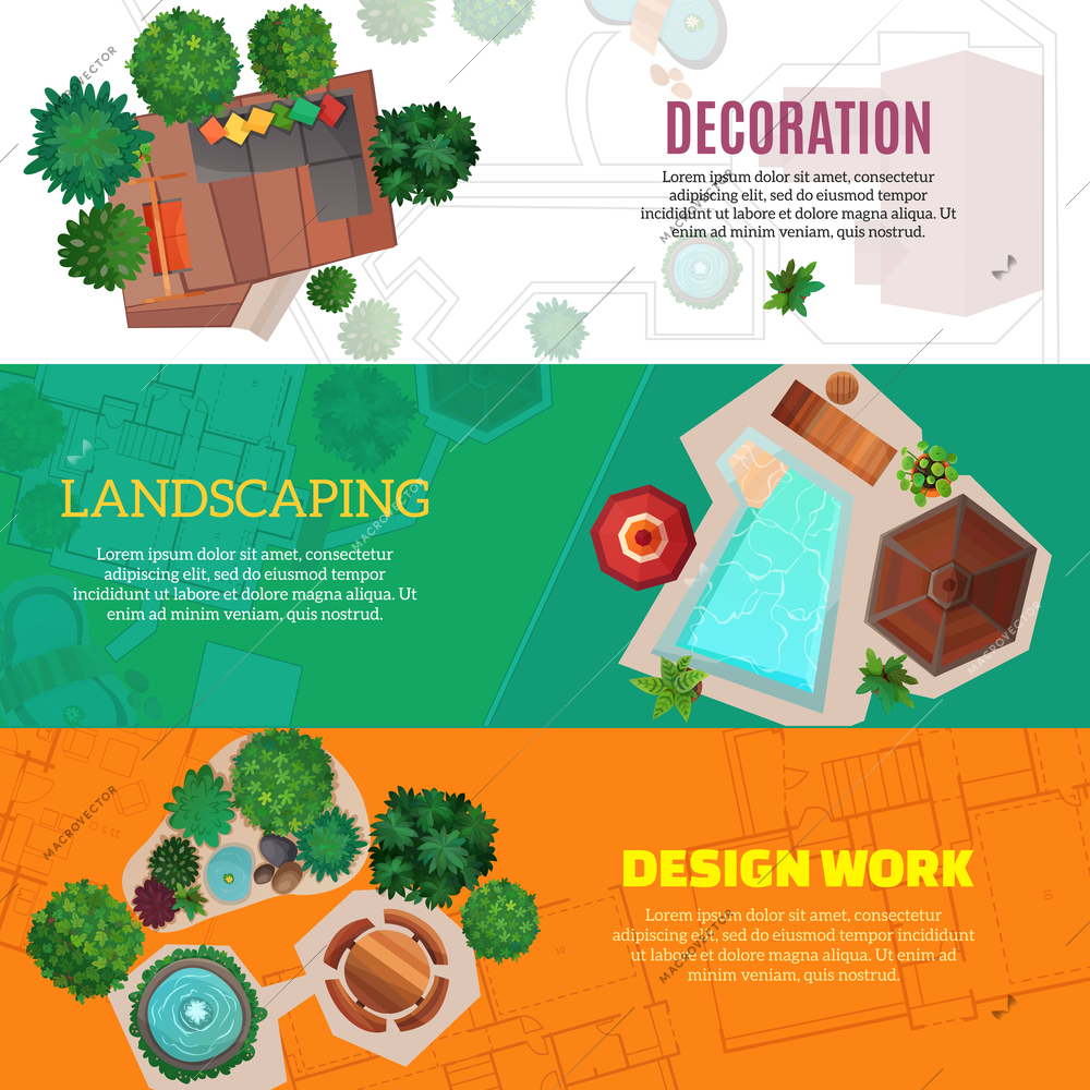 City landscape horizontal banners with top view elements of house decoration and park design work flat vector Illustration