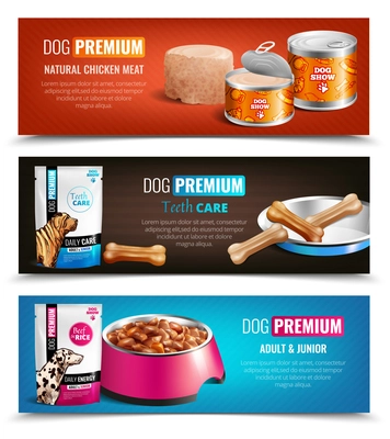 Set of three premium dog food horizontal banners with images of product package and filled dish vector illustration