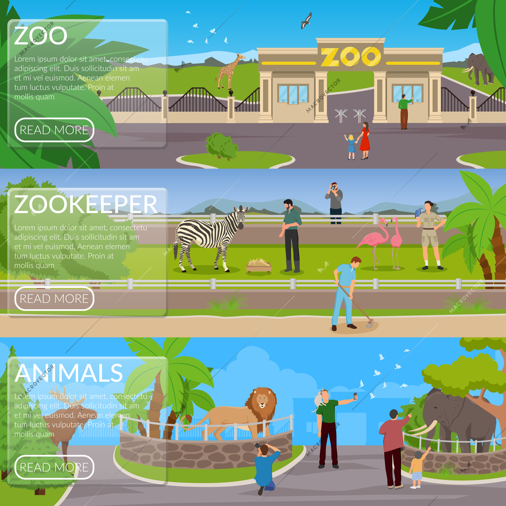 Zoo flat horizontal banners with visitors animals in cages and zookeepers involved in cleaning area and pet care vector illustration