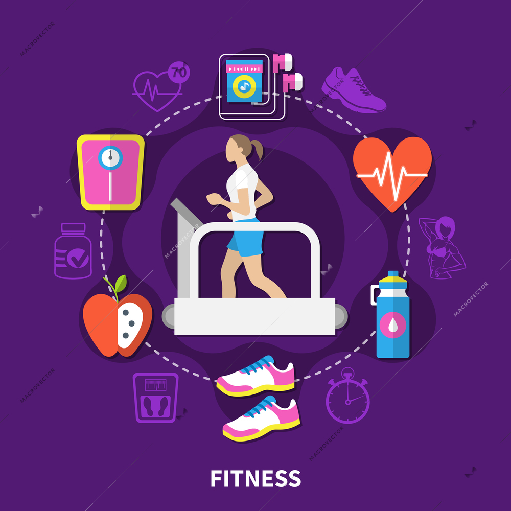 Fitness round composition with running woman at treadmill, scales, music player on purple background flat vector illustration