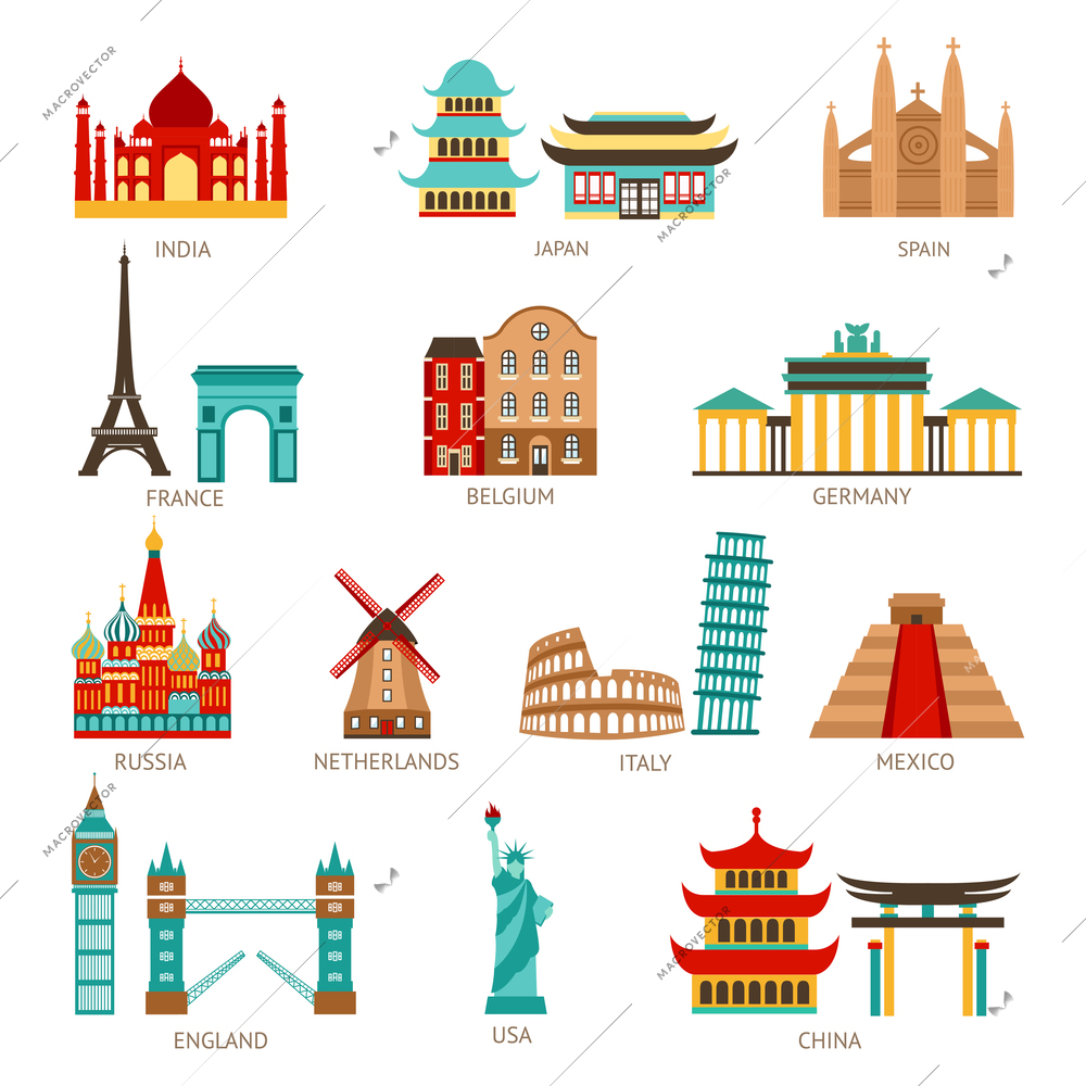 Travel icons set with world famous landmarks and buildings isolated vector illustration