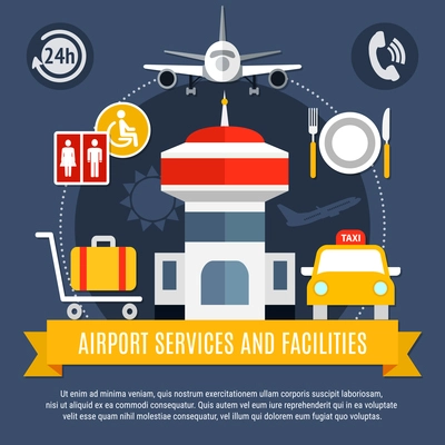 Airport services and facilities flat air travel advertisement poster with traffic control tower taxi luggage vector illustration