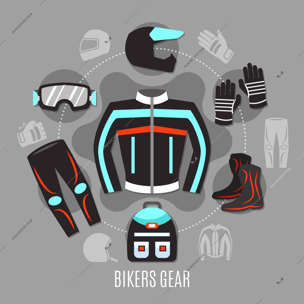 Motorcycle gear flat concept with set of biker clothes and accessories icons in circle design vector illustration