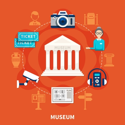 Museum flat icons set on red background with tickets exposition plan photocamera  audio guide ancient exhibits vector illustration