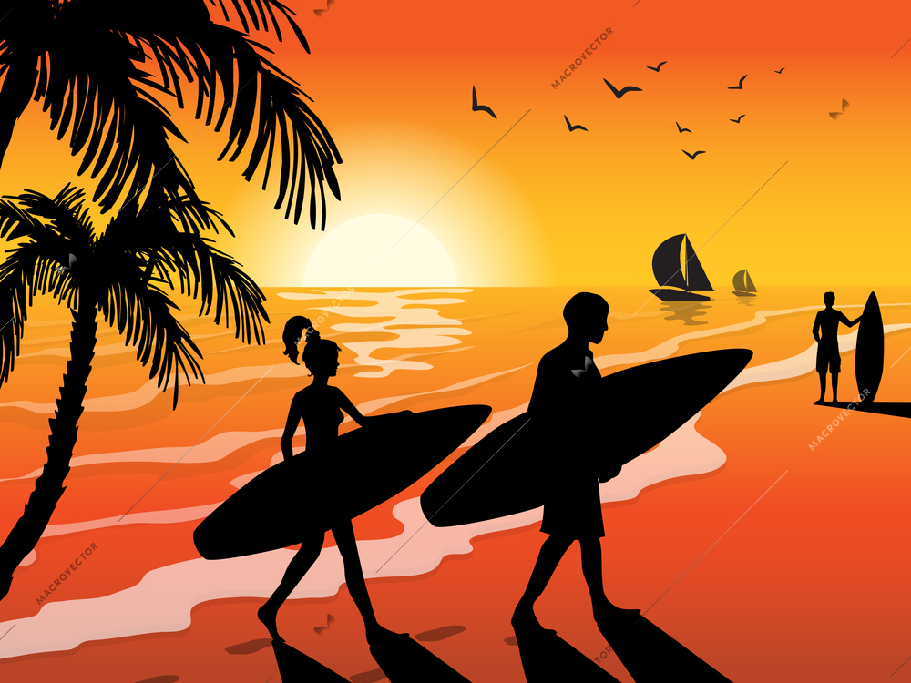 Surfers with surfboards  on sunset beach sailboat  birds and palm tree background vector illustration