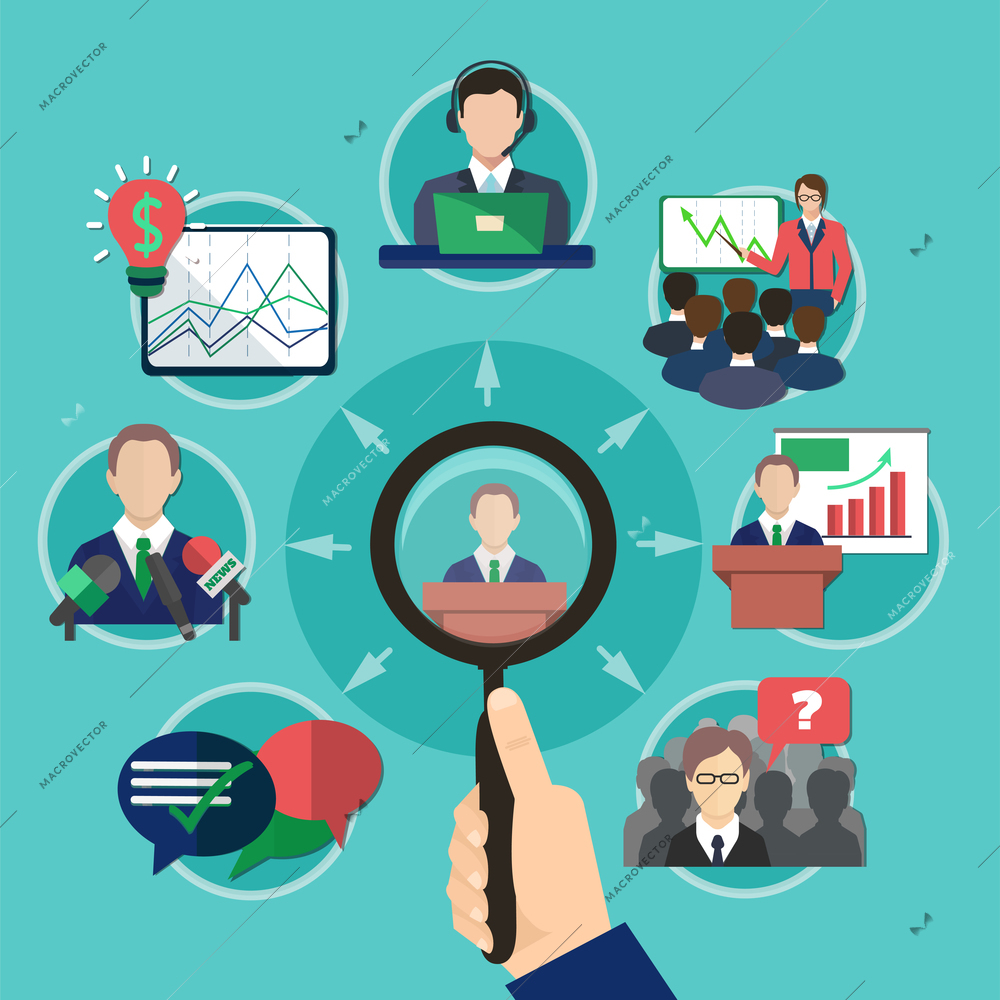 Business meeting concept with human hand holding magnifying lens and flat images with pictograms and thought bubbles vector illustration