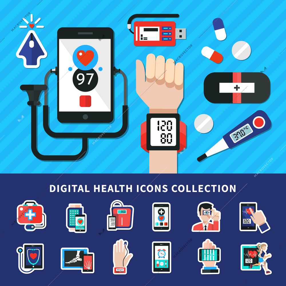 Digital health flat banner icons collection with medical electronic mobile wearable personal diagnostic devices symbols vector illustration
