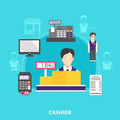 Salesman composition of flat icons and silhouette images with payment terminal receipt and faceless cashier characters vector illustration