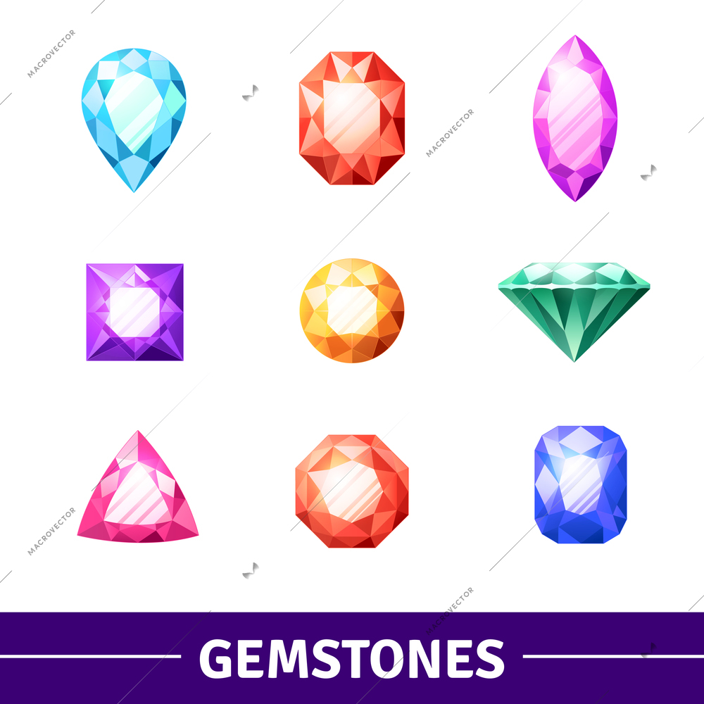 Gemstones in different colors and shape realistic icons set isolated vector illustration