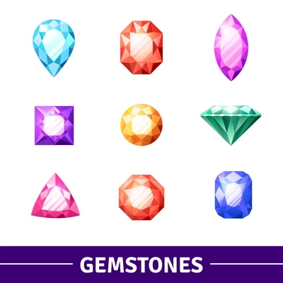 Gemstones in different colors and shape realistic icons set isolated vector illustration