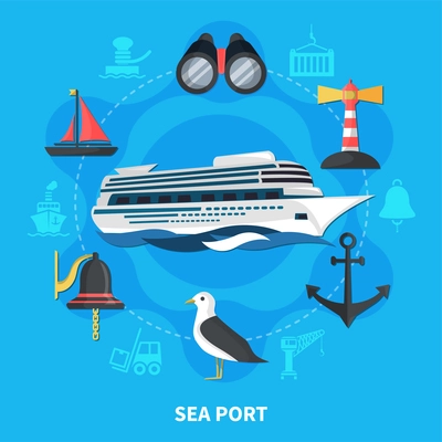 Sea port concept with ship seagull and anchor flat vector illustration