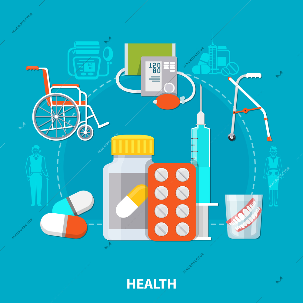 Colored and flat pensioner composition with pills equipment and different medical tools vector illustration