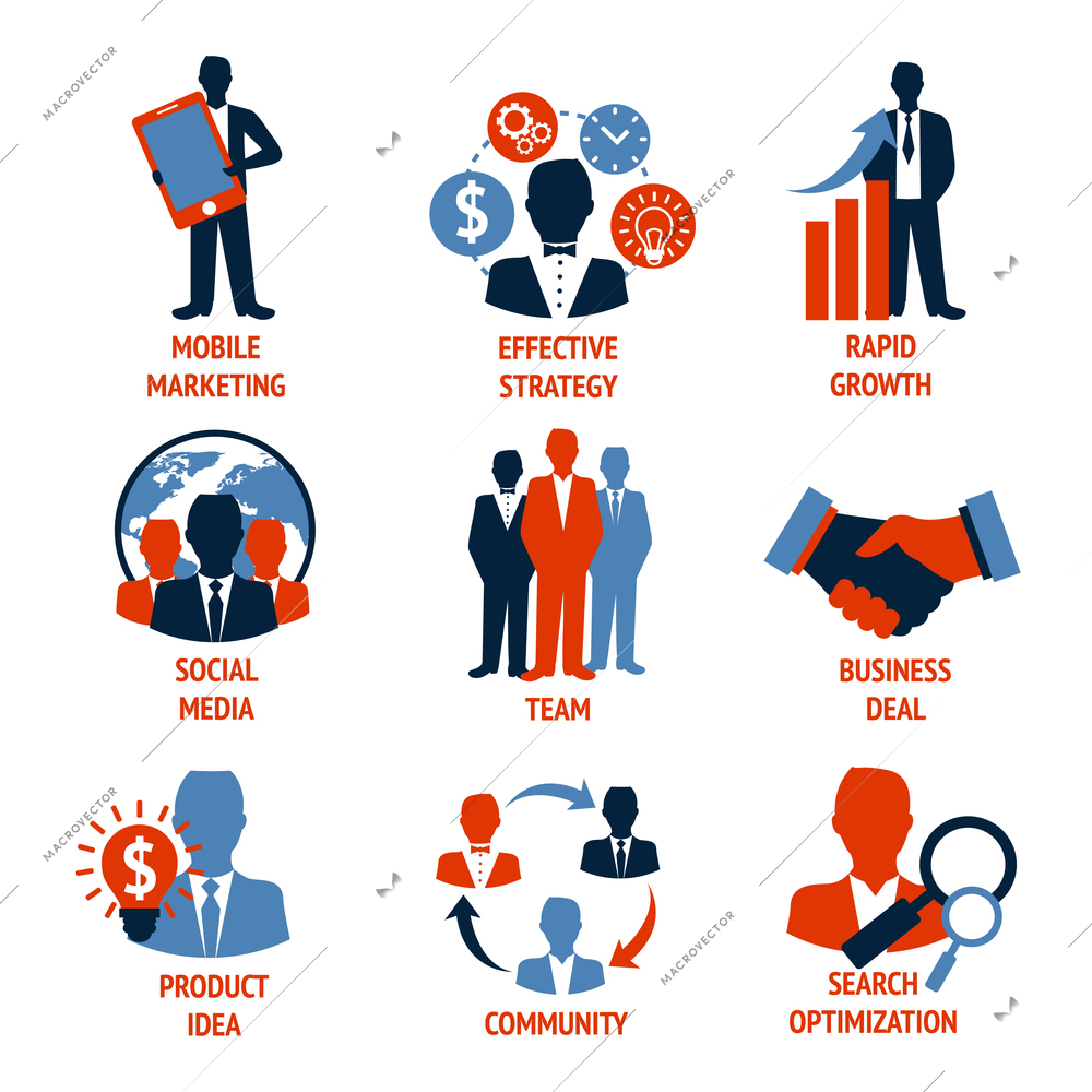 Business people meeting managements icons set of mobile marketing effective strategy rapid growth isolated vector illustration