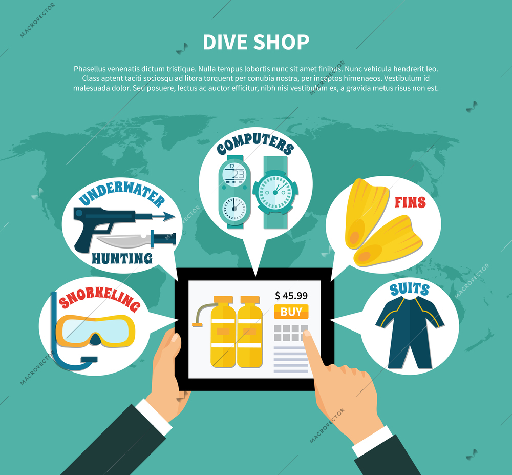 Diving shop composition with buying online scuba equipment, weapons for underwater hunting on turquoise background vector illustration