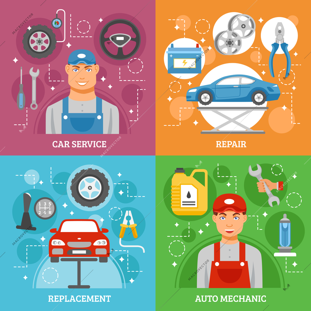 Auto repair car maintenance service concept 4 flat icons square composition banner abstract isolated vector illustration