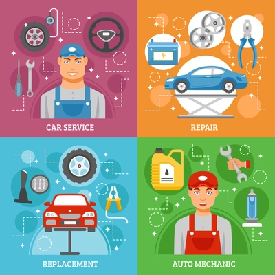 Auto repair car maintenance service concept 4 flat icons square composition banner abstract isolated vector illustration