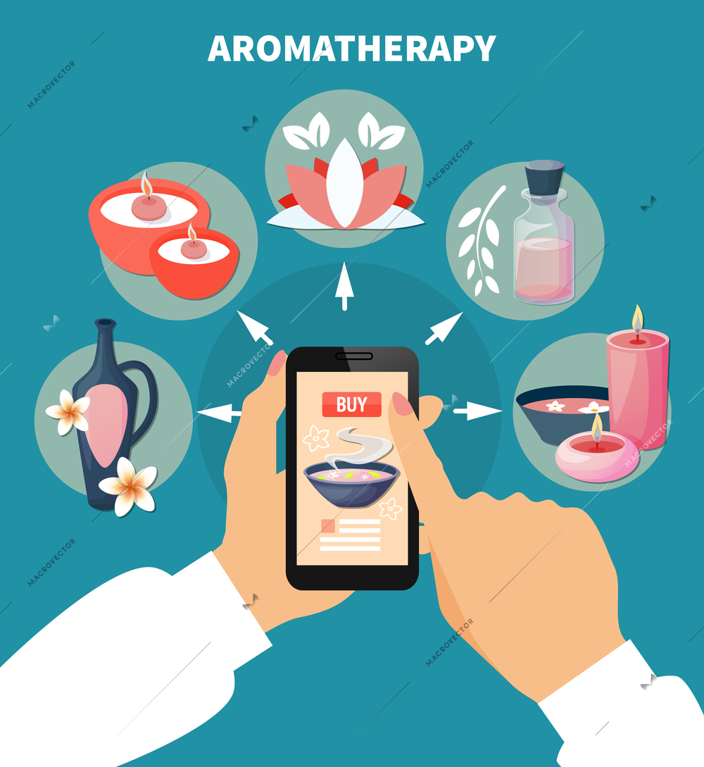 Spa aromatherapy online menu flat advertisement poster with smartphone touch screen and index finger choosing product vector illustration