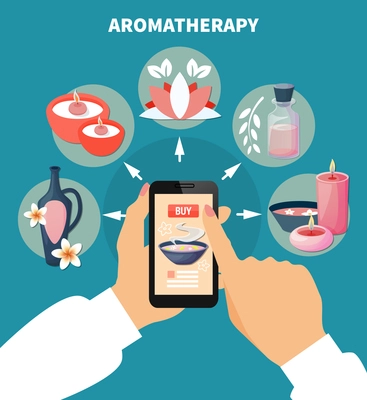 Spa aromatherapy online menu flat advertisement poster with smartphone touch screen and index finger choosing product vector illustration