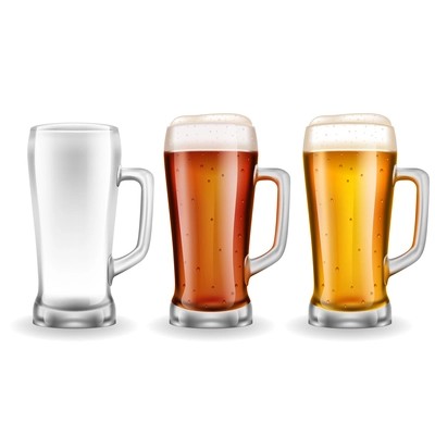 Three transparent glass mugs with amber and yellow kind of beer in realistic style on white background vector illustration