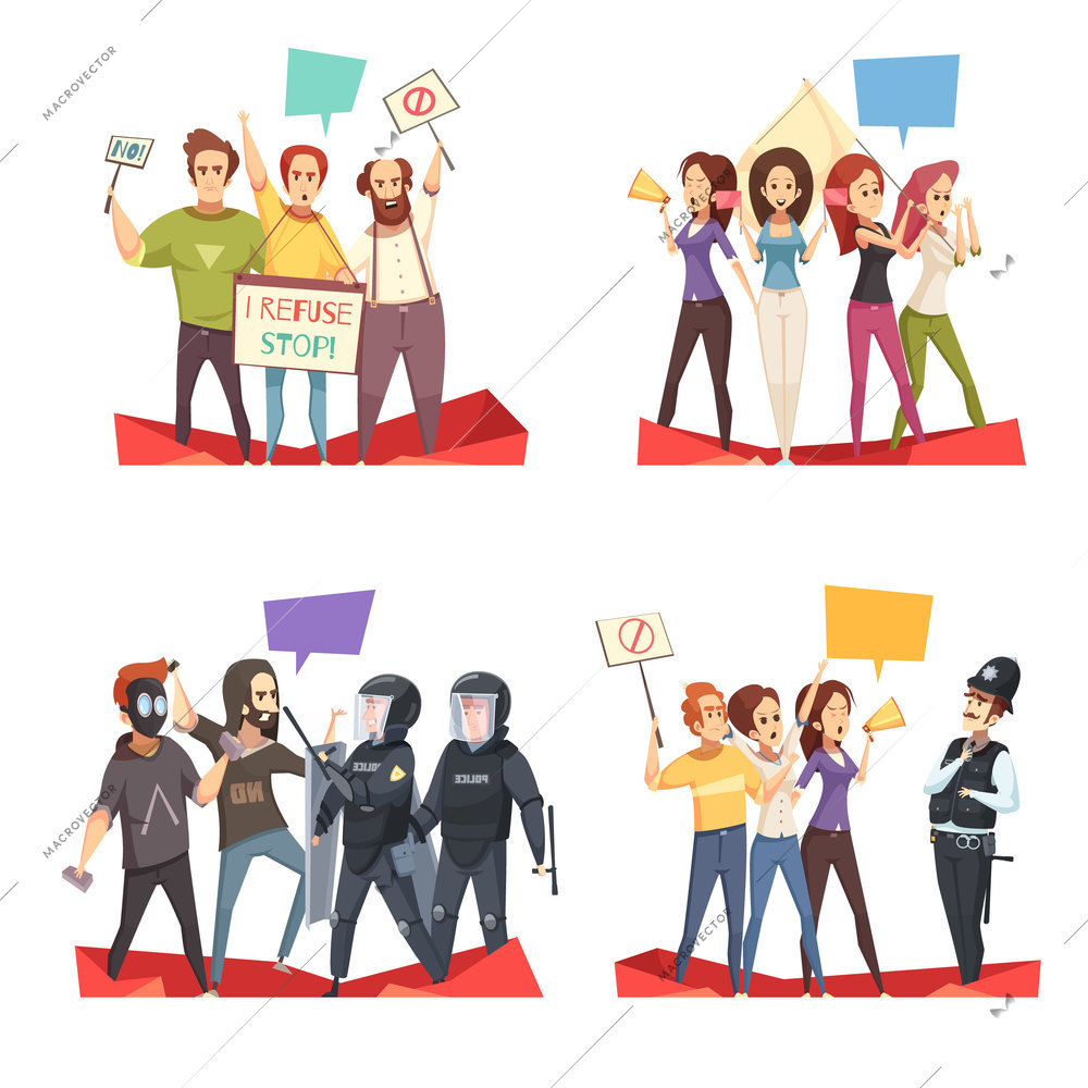 Protesting crowd 2x2 design concept with police officers and young people shouting their requirements cartoon vector illustration