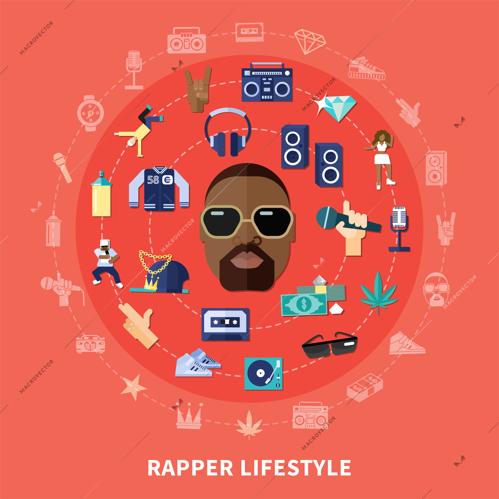 Rapper lifestyle round composition with african american, music equipment, clothing, gestures on pale red background vector illustration