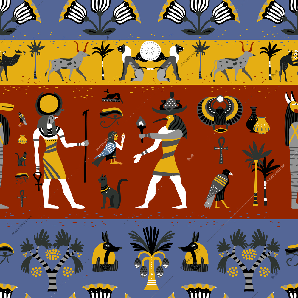 Ancient egyptian religion seamless pattern with gods, hieroglyphic symbols, floral decoration on colorful background vector illustration