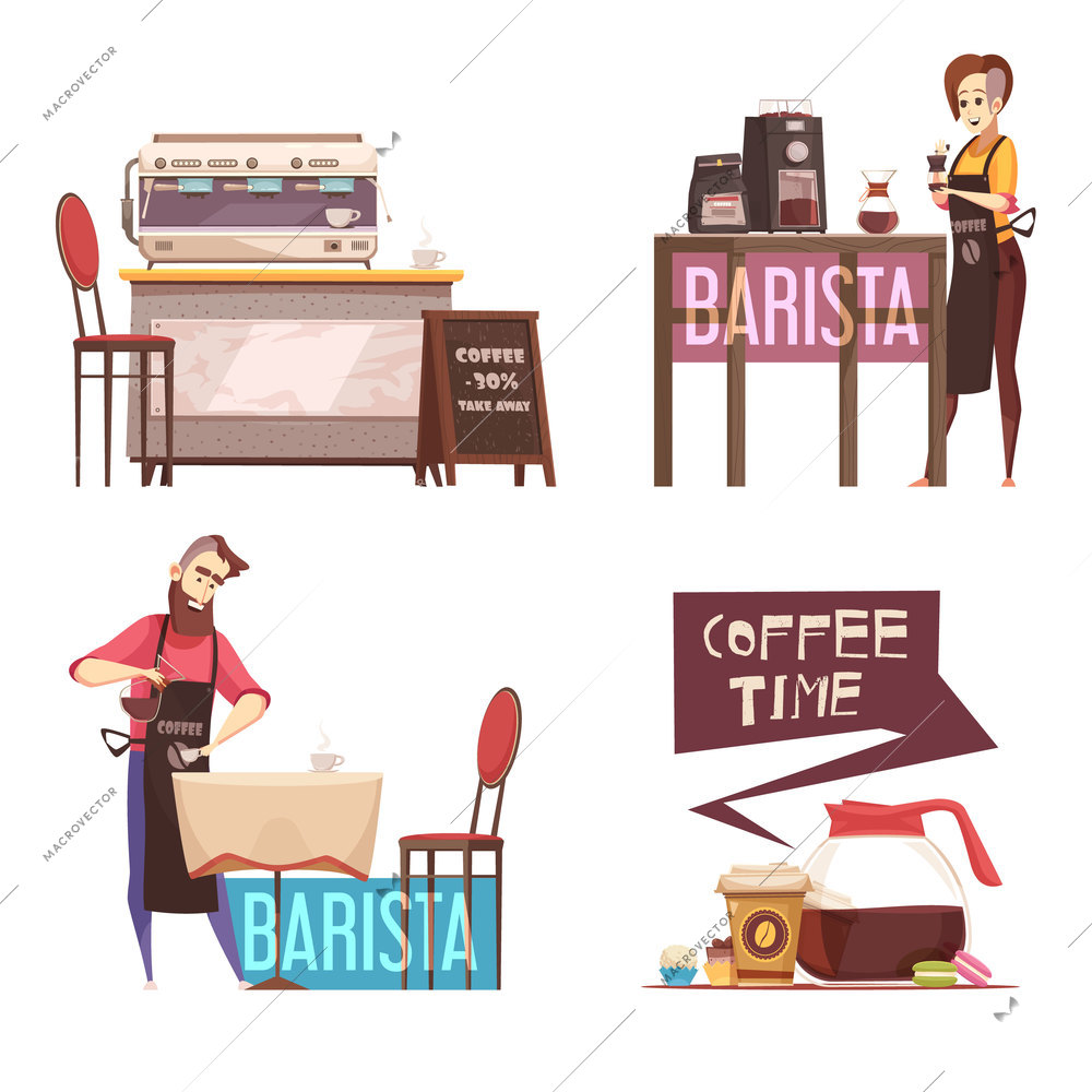 Coffee house 2x2 design concept with barista coffee time and discount advertising compositions flat vector illustration