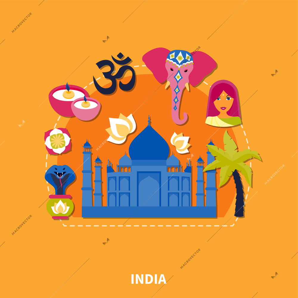 Flat design travel to india background with colorful traditional indian symbols vector illustration