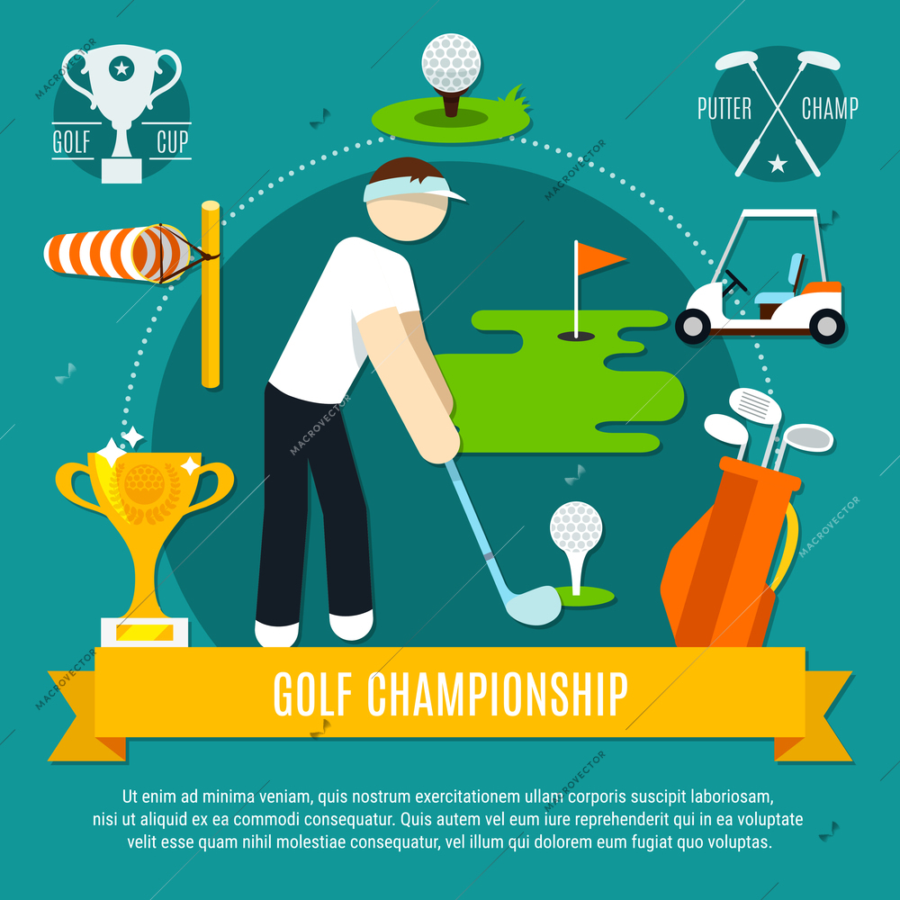 Golf competition flat composition with player, game equipment, wind cone, yellow ribbon on blue background vector illustration