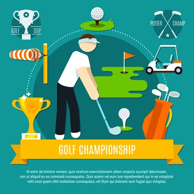 Golf competition flat composition with player, game equipment, wind cone, yellow ribbon on blue background vector illustration