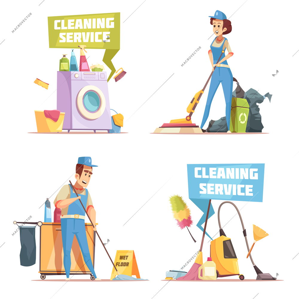 Cleaning service 2x2 design concept with employees of cleaning company washing indoor flat vector illustration