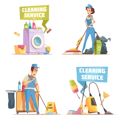 Cleaning service 2x2 design concept with employees of cleaning company washing indoor flat vector illustration