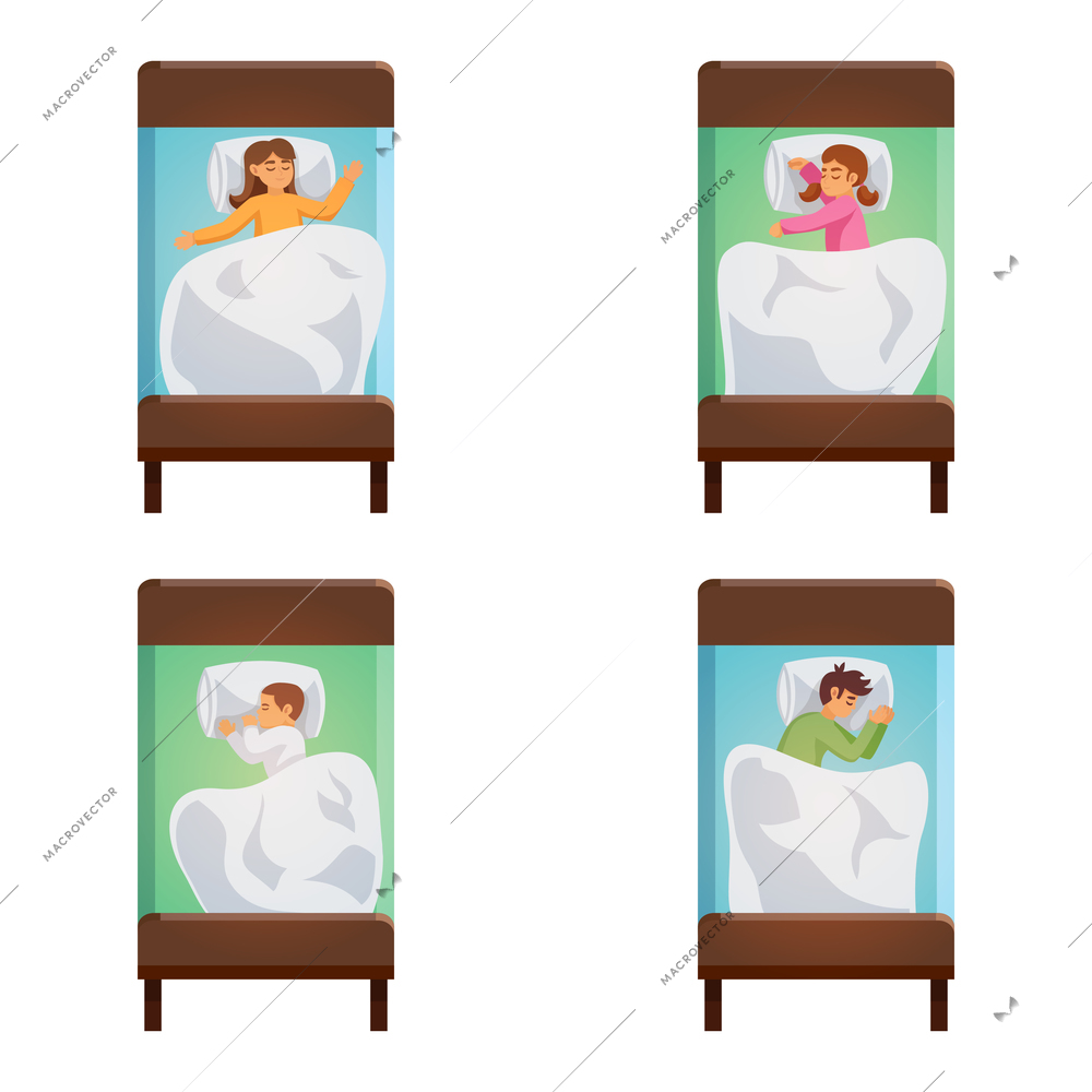 Four isolated decorative images of teenager and children sleeping in single beds vector illustration