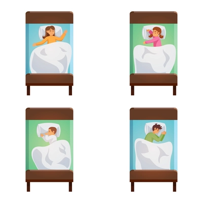 Four isolated decorative images of teenager and children sleeping in single beds vector illustration