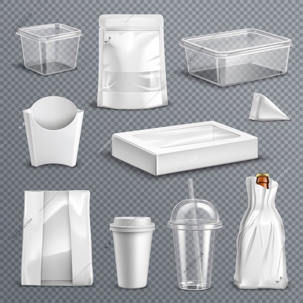 Fastfood empty blank packages realistic templates set with clear plastic coke mug and containers transparent background vector illustration