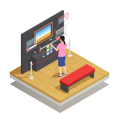 Isometric composition with woman in augmented reality glasses looking at museum pieces on white background 3d vector illustration